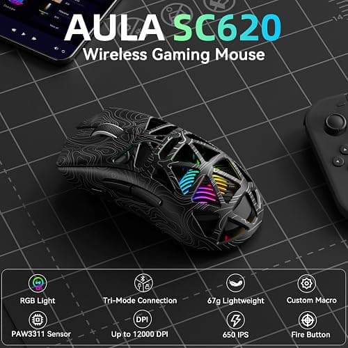 AULA SC620 Gaming Mouse Wireless,BT5.0/2.4G/USB-C Gamer Mice,PAW3311 Sensor,Up to 12000DPI,7 Programmable Buttons,67g Lightweight,400mAh Battery,RGB,Rechargeable Mouse for Laptop/PC/Mac (Black-L) thumbnail 2