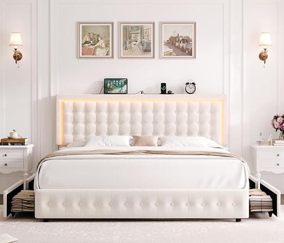 HIFIT Upholstered Full Size LED Bed Frame with Charging Station and 4 Large Storage Drawer, Velvet Button Tufted Full Platform Bed with Adjustable Headboard, No Box Spring Needed, Easy Assembly, Beige - Full thumbnail 7