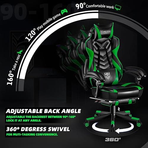 Vonesse Gaming Chair, Big and Tall Gaming Chair with Footrest and Massage, Gaming Chairs for Adults with Lumbar Support, Ergonomic High Back Computer Chair with Pocket Spring Cushion (Green/Black) thumbnail 6
