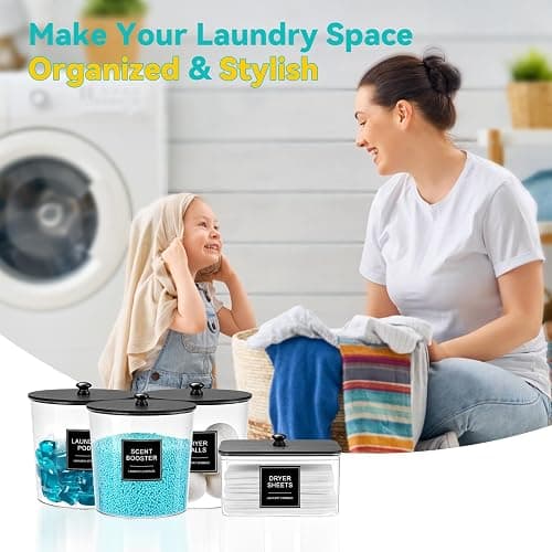 SACIOVEE Laundry Pods Container & Dryer Sheet Holder, Laundry Room Organization and Storage Jars with Lids, Labels & Scoops for Powder Detergent Scent Booster, Black Lid thumbnail 7