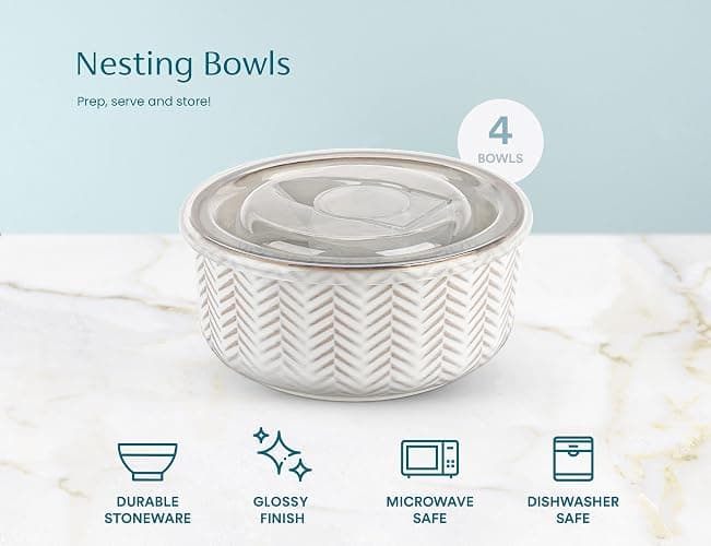 KooK Ceramic Nesting Bowls, with Lids, Serving, Set of 4, Embossed, Kitchen, Prep, Mix, Gift, Housewarming, Microwave and Dishwasher Safe, 10/16/29/47 oz, Narbonne Collection (Ivory) thumbnail 7