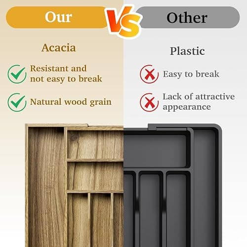 Kiasthome Acacia Wood Kitchen Silverware Drawer Organizer, Expandable Utensil Cutlery Drawer Organizer with Dividers, Flatware Organizer Silverware Tray for Spoon, Fork, 13''-20''x16.9'' (7-9 Slots) thumbnail 6