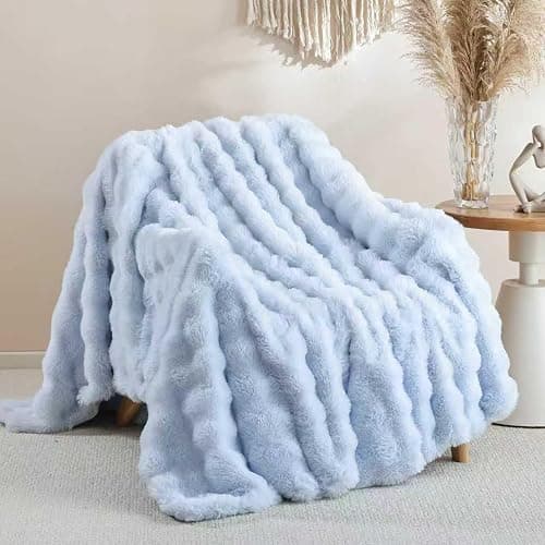 Smoofy Faux Fur Throw Blanket for Couch - Light Blue Super Soft Cozy Bubble Blanket, Fluffy Plush Fuzzy Throw for Sofa & Bed, Thick Lightweight Warm Blanket, Luxury Aesthetic Gift for Women 50"x60" - Image 1