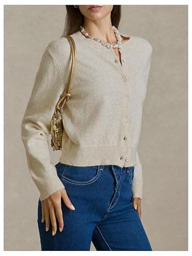 SOLY HUX Women's Button Down Long Sleeve Crewneck Crop Cardigan Sweater Cute Knitwear Clothes - Small - Solid Apricot thumbnail 2