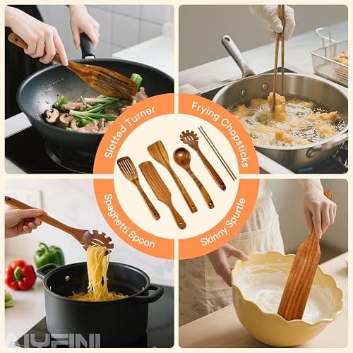 Non-Toxic Wooden Utensils for Cooking - Natural Acacia & Glue-Free,15.4" Large Spatula Set, Long Handle for Scald-Resistant, Wood Kitchen Spoons/Chopsticks/Holder, for Non Stick Frying Pans by ALYFINI thumbnail 6