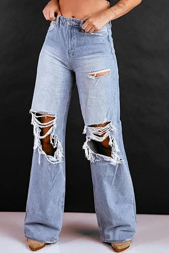 LCZYMEN Women's Jeans High Waist Ripped Jeans for Women Fashion Loose Denim Wide Leg Pants Street Casual Trousers thumbnail 2