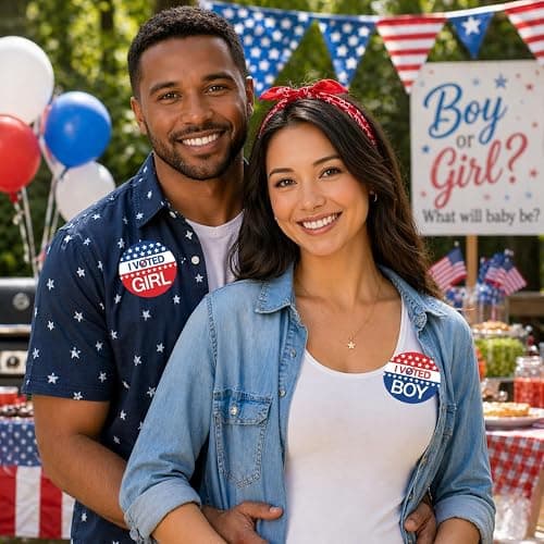 DISTINCTIVS Red White and Blue Gender Reveal Stickers – 40 Count – Team He Team She – Patriotic 4th of July and Summer Gender Reveal Party thumbnail 2