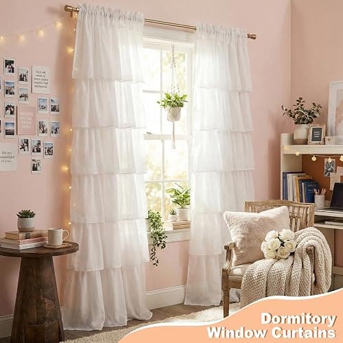 Hahafelt Dorm White Ruffle Curtain Flounced Ruffle Rod Pocket Curtain 52" W x 84" L Girl Preppy Curtains Panel Filtering for Dorm Bedroom Dining Bathroom Living Room Window Decor thumbnail 2