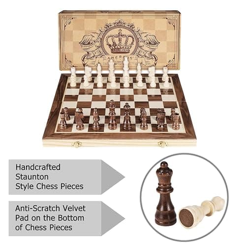 AMEROUS 15 Inches Magnetic Wooden Chess Set - 2 Extra Queens - Folding Board - Pieces Storage Slots, Handmade Portable Travel Chess Game - Beginner Chess Set for Kids, 6 up Age thumbnail 6