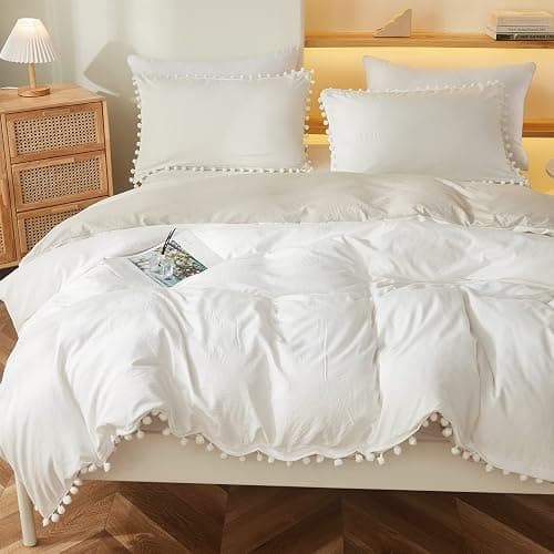 Bedbay Boho Bedding Comforter Set Kids Bedding Twin Cute Ball Pom Pom Fringe Farmhouse Bedding White and Beige Reversible Preppy Comforter Set(White&Beige,Twin) thumbnail 4
