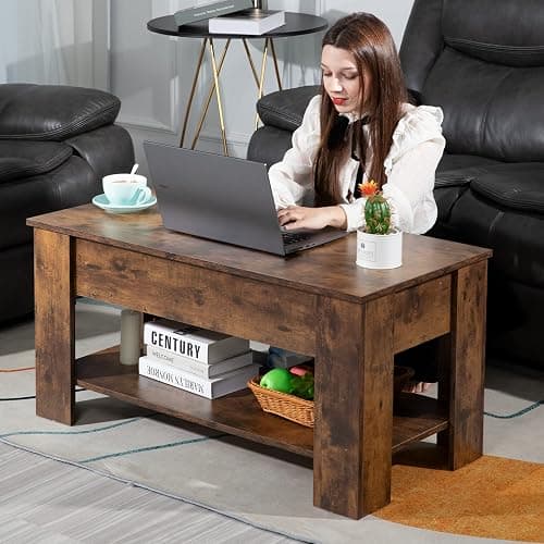 FDW Lift Top Coffee Table with Hidden Compartment and Storage Shelf Wooden Lift Tabletop for Home Living Room Reception Room Office,39.4",Brown thumbnail 8