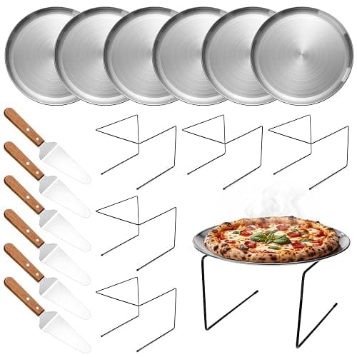 LemonRoad 18 Pcs Pizza Pan Riser Stands Sets Includes 6 Metal Pizzas Table Stands 6 Pan(11.8in) and 6 Wood Handle Pie Server, Pizza Rack Stand Pizzas Tray for Dessert Cheese Weddings Party(Silver) - Image 1