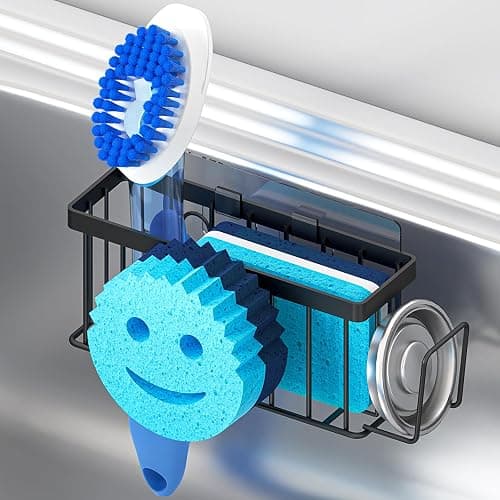MURLONG Sponge Holder for Kitchen Sink,Sink Caddy Smiley Face,4-in-1 Sponge Holder with Suction Cups & 1 PCS Adhesive Strips for Holding Soap,Brush,Scrubber,Sponge,Stopper-Black - Image 1
