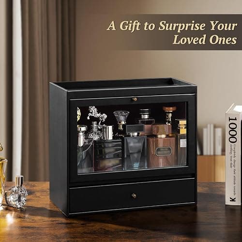 Emfogo Cologne Organizer, Leather Perfumes Organizer for Dresser, Large Capacity Dustproof Cologne Holder with Drawer Storage Perfume Stand Organizer, Ideal Gift for Loved ones thumbnail 8