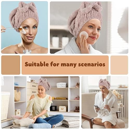 SUNLAND Large Microfiber Hair Drying Caps with Bow knot Fast Drying Shower Cap Soft and Absorbent hairWrap Hair Turban Bath Caps for Curly Thick and wet Hair 11 X 13.4 inch 2 Pack Brown thumbnail 2