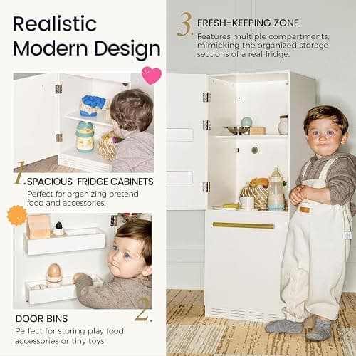 Tiny Land Wooden Toy Fridge with Spacious Storage, Realistic Play Kitchen Refrigerator for Kids’ Pretend Play with Three Freezer Magnets thumbnail 2