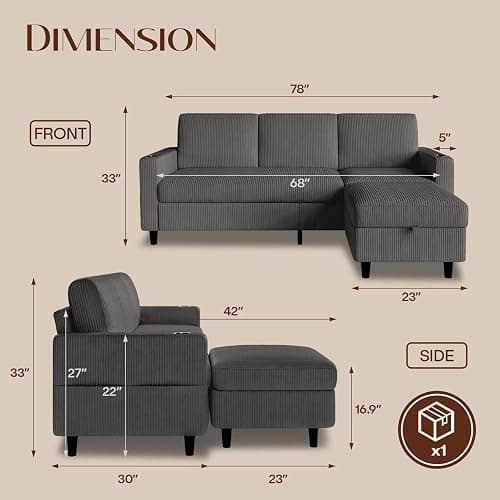 POYISOU Convertible Sectional Couches for Living Room, 3 Seats L Shaped Sofa with Storage Ottoman and 2 Cup Holders, Modern Corduroy Couch Small Sofas for Small Space Apartment Office, Dark Grey thumbnail 2