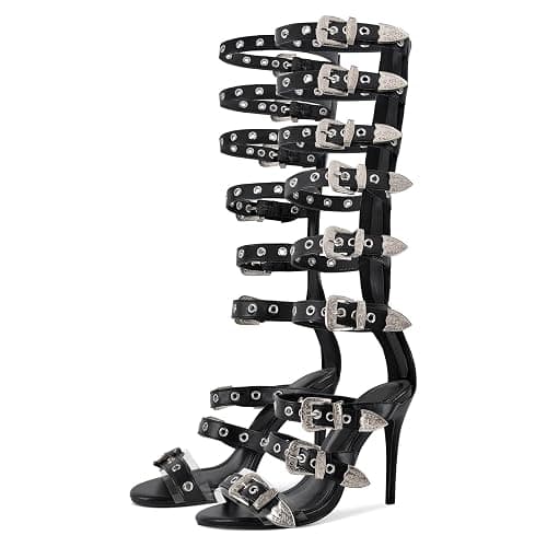 richealnini Back Zip Up Knee High Gladiator Sandals Buckle Belt Straps Wrap Heels for Women - Image 1