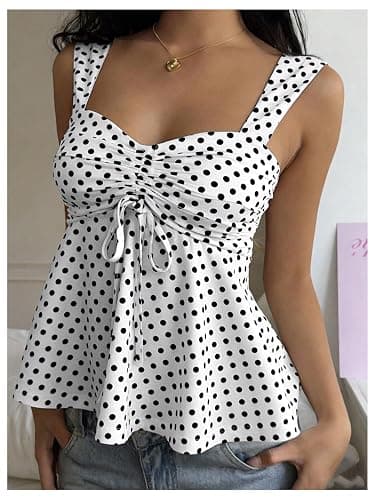 SOLY HUX Women's Babydoll Tops Summer Cute Polka Dots Tank Top | Sleeveless, Ruched, Drawstring, Peplum Tops, Cute Summer Tops for Teens thumbnail 2