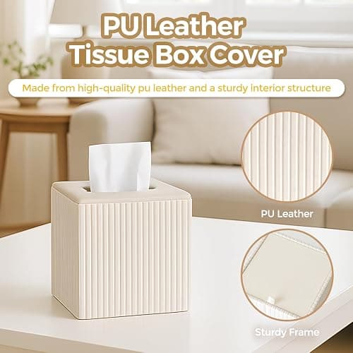 KALEKAIL PU Leather Tissue Box Cover, Square Tissue Box Holder with Magnetic Closure, Modern Cube Tissue Covers Tissue Holders for Bathrooms, Ivory White thumbnail 3