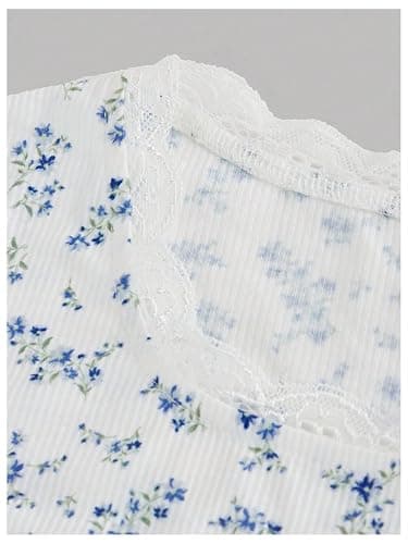 RoseSeek Girl's Ditsy Floral Print Lace T Shirt Short Sleeve Ribbed Ruched Cute Tee Shirts Summer Tops thumbnail 4