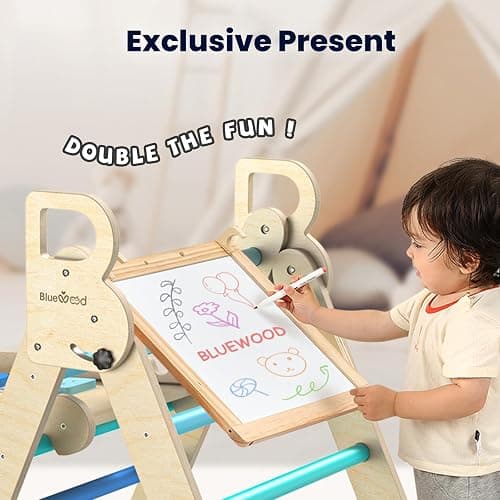 BlueWood Pikler Triangle Set with Cushion, 8-in-1 Foldable Wooden Toddler Climbing Toys Indoor Playground Jungle Gym Montessori Philosophy Climber for 2-6 Years Old, Baby, Kids (Sky Blue) thumbnail 6