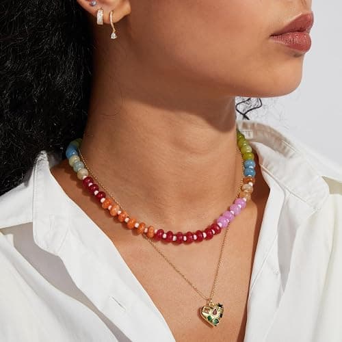 KissYan Beaded Gemstone Necklace for Women, Colorful Boho Bead Choker Natural Stone Surfer Beach Necklaces 14K Gold Plated Summer Handmade Jewelry thumbnail 3
