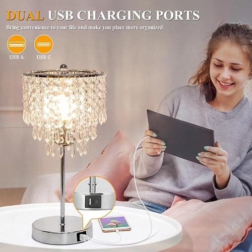 Touch Control Crystal Table Lamp with USB C+A Charging Ports, 3-Way Dimmable Bedside Touch Lamp Decorative Nightstand Lamp with Elegant Lampshade for Living Room Bedroom, B11 LED Bulb Included thumbnail 4
