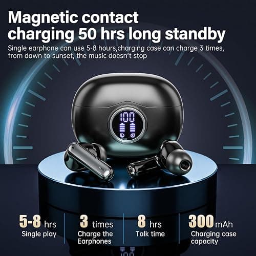 Fhumsh Wireless Earbuds, Bluetooth 5.3 Headphones HiFi Stereo 50H Playback LED Digital Display Ear Buds with ENC Noise Canceling Headset, IPX7 Waterproof Earphones for Gym/Running/Work (Black) thumbnail 3
