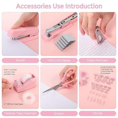 SKYDUE Pink Stapler and Tape Dispenser Set, Pink Office Desk Accessories | Pink Office Supplies, Stapler, Tape Dispenser, Scissors, Clips and 1000pcs Staples,Office Supplies for Desk for Women thumbnail 4