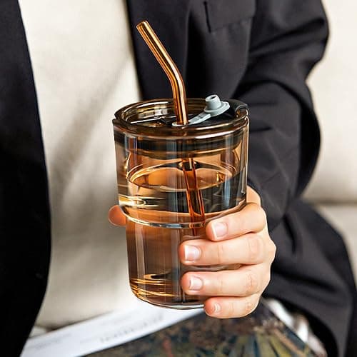 BLUEPOLAR 13oz/400ml Tumbler Water Glass, Cups with Straw and Lid Sealed Carry on for Coffee, Iced Tea, Thick Wall Insulated Glass Cup (Amber)… thumbnail 8