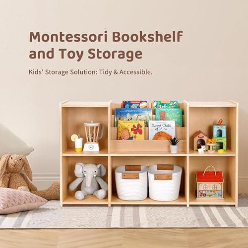 OOOK Montessori Bookshelf and Toy Storage Organizer, 2-Tier Horizontal Bookshelf, 5-Compartment Toy Storage Cabinet with Book Rack, Ideal Choice for Kids Classroom Organizer, Playroom and Daycare thumbnail 3