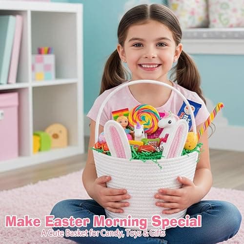 BEIYANA Easter Basket for Kids, Cute Bunny Easter Basket with Removable Ears & Writable Name Tag, Personalized Cotton Rope Woven Empty Easter Basket, First Easter Gift for Toddlers Boys Girls (Pink) thumbnail 5