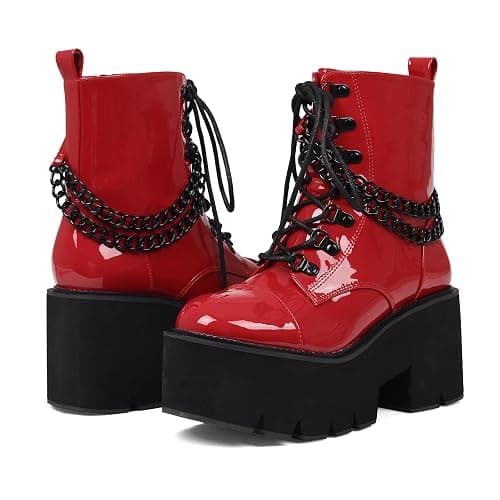 CYNLLIO Platform Ankle Boots for Women Combat Chunky Wedge Heel Boots Rave Goth Lace Up & Zipper Booties Punk Chain Shoes for Festival Concert Cosplay Party thumbnail 4