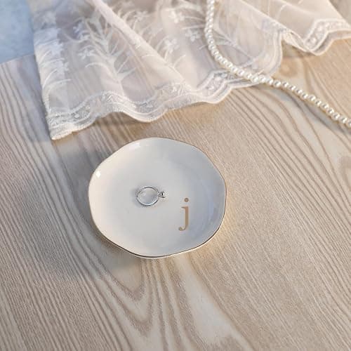 HOME SMILE Initials Ring Dish Jewery Tray with Personalized J-Monogrammed Engagement Wedding Gifts for Friends,Sister,Birthday Christmas Gifts for Women,Ceramic White thumbnail 2