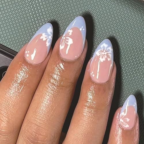 SWEKKE Short Almond Press-On Nails - Blue French Tip With White Flower Design - Glossy Stick-On Acrylic Nails for Women and Girls - 24 Pieces - Image 1