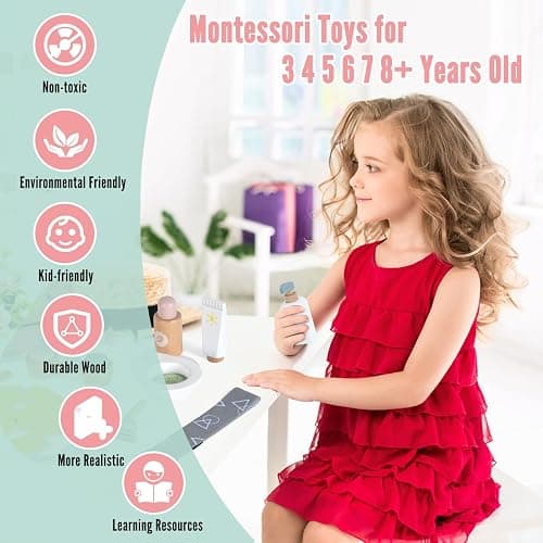 WHOHOLL Wooden Makeup Toy Set, Pretend Beauty Salon Toys Skin Care Learning Toys for Toddler, Daycare Toys Christmas Birthday Gift for 2 3 4 5+ Year Old Girls - Facial Cleanser, Mirror, Face Mask thumbnail 6