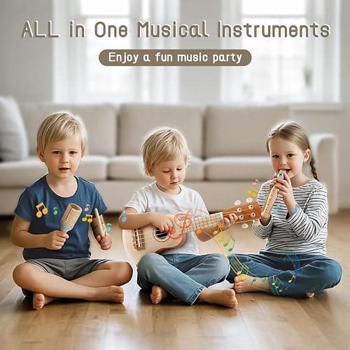 Vanplay Kids Guitar Set, 7-Piece Wooden Musical Instruments for Toddler 2-3 | Musical Band Set with wooden Ukulele/Flute/Maracas/Tambourine, Christmas/Birthday Gift for Boys & Girls Age 2 3 4 5 thumbnail 2