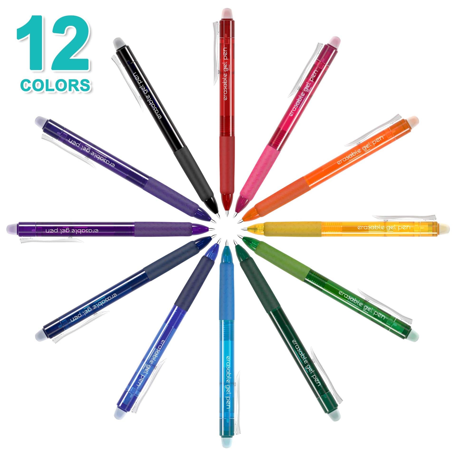 Lineon Erasable Gel Pens, 12 Colours Retractable Erasable Pens Clicker, Fine Point, Make Mistakes Disappear, Assorted Colour Inks for Drawing Writing Planner and Crossword Puzzles thumbnail 2