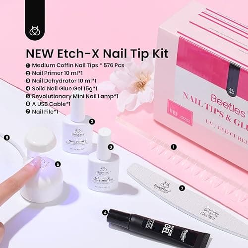 Beetles Gel Nail Kit Medium Coffin with Nail Dehydrator and Primer, 576Pcs Half Matte Etch-X Gel Nail Tips Solid Nail Glue Mini Nail Lamp Acrylic Nail Tips Easy DIY Nail Extension Set Gift for Women thumbnail 7