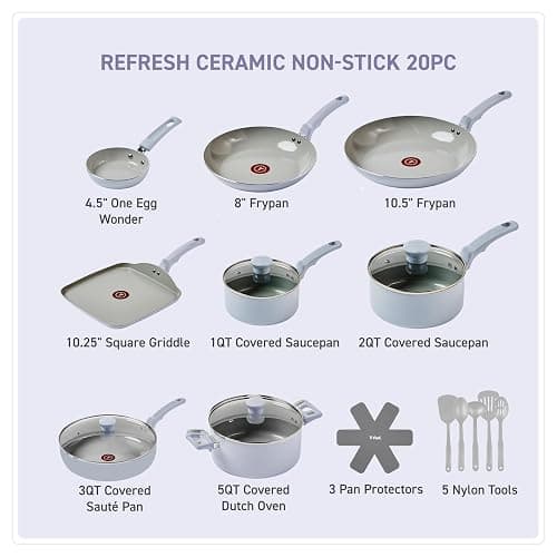 T-Fal Refresh Ceramic Nonstick Cookware Set, 20-Piece, Oven Safe to 350°F, Includes Stockpot, Griddle, Frying Pans, Utensils, Ceramic Pots and Pans Set, Blue thumbnail 2