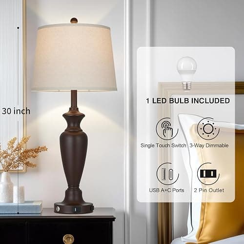 Cinyirong 30" Tall Brown Table Lamp for Living Room, 3-Way Dimmable Touch Control Bedside Lamp for Bedroom Nightstand with USB A+C Ports & AC Outlet (1 Pack) thumbnail 2