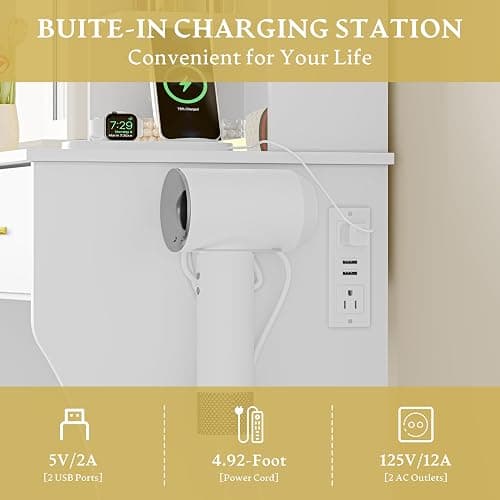 Xixini Vanity Desk with LED Lights Mirror & Power Outlet, Small Makeup Vanity Table Set with Storage Drawers, 3 Lighting Modes & Adjustable Brightness, Dressing Table for Women Girls Bedroom, White thumbnail 7