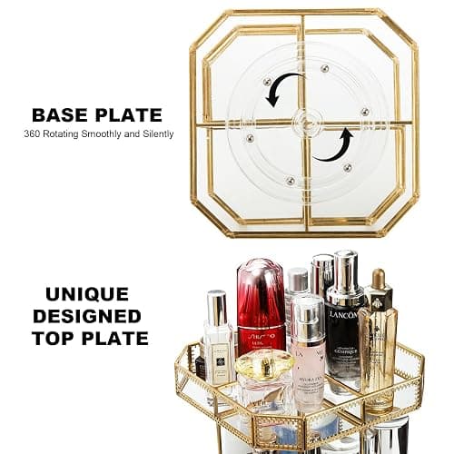 ZOOFOX 360 Degree Rotating Glass Makeup Organizer, Large Cosmetics Storage Display Holder with Gold Trim for Vanity, Clear Makeup Carousel for Perfume, Cosmetics, Brushes, Lotion, Lipsticks thumbnail 4