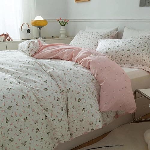 LifeTB Pink Flower Duvet Cover Twin XL Girls Aesthetic Floral Duvet Cover White Soft 100% Cotton Flower Bedding Set Cottage Floral Comforter Cover with Zipper Closure, Breathable, Easy Care thumbnail 4