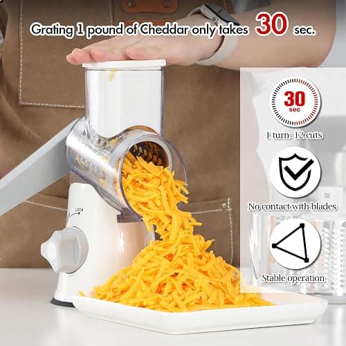 Ourokhome Rotary Cheese Grater Hand Crank, Kitchen Shredder Speed Mandolin Slicer Ice Shaver with Handle and Drum Blades for Cheese, Vegetable, Nuts, Chocolate, Potato, Carrot, 5 Blades, White thumbnail 7