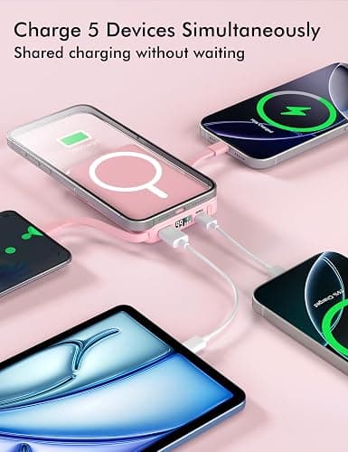 podoru for Magsafe Battery Pack, 10000mAh Magnetic Power Bank Built-in Double USB C Cables 20W PD Fast Charging LED Display Wireless Portable Charger for iPhone 17/16/15/14/13/12 Series-Pink thumbnail 2
