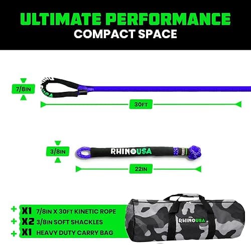 Rhino USA Kinetic Rope Recovery Kit (7/8in x 30ft) - Heavy Duty Offroad Snatch Strap - Includes 2 Soft Shackle for UTV, ATV, Truck, Car, Jeep, Tractor thumbnail 6