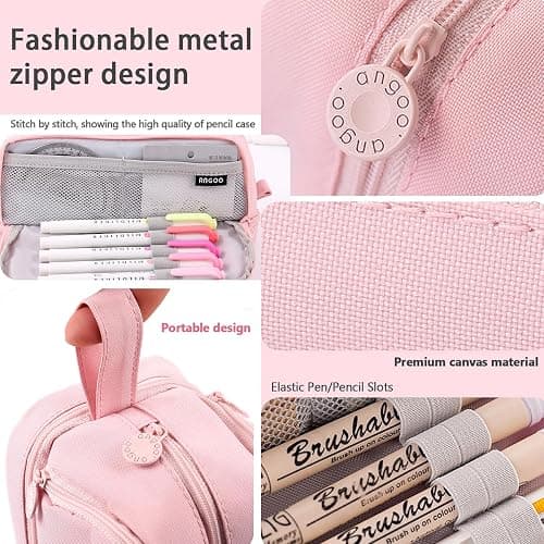 MAMUNU Large Capacity Pencil Case 4 Compartments, Big Pen Pouch with Zipper Portable Handle, Aesthetic Pencil Case Bag Stationery Organizer for Office College School Teen Girl Boy Men Women, Pink thumbnail 5