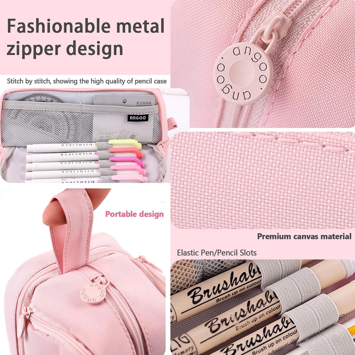 MAMUNU Large Capacity Pencil Case,Big Pen Pencil Pouch 3 Compartments Adult, Expandable Pencil Case with Portable Handle,School Stationery Organizer,Travel Makeup Cosmetic Bag, Pink, Make-Up Pouch thumbnail 4
